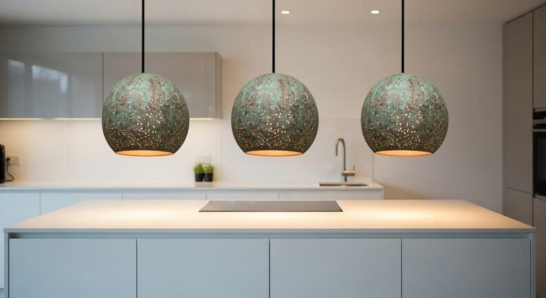 Handmade Moroccan Brass Globe Pendant Light – Green Verdigris Patina Hanging Lamp with Pierced Dot Pattern and Warm Gold Interior for Kitchen Island, Dining Room & Bedroom