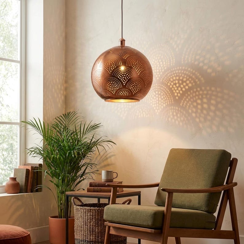 Handmade Moroccan Brass Globe Pendant Light – Perforated Copper Brass Hanging Lamp with Geometric Starburst Pattern, Boho Moorish Ceiling Light for Kitchen Island, Dining Room, Bedroom & Entryway