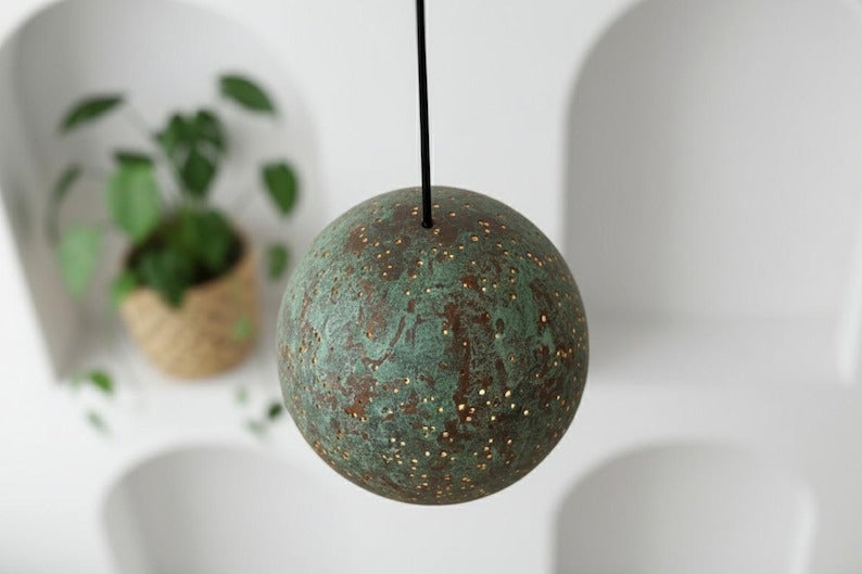 Handmade Moroccan Brass Globe Pendant Light – Green Verdigris Patina Hanging Lamp with Pierced Dot Pattern and Warm Gold Interior for Kitchen Island, Dining Room & Bedroom