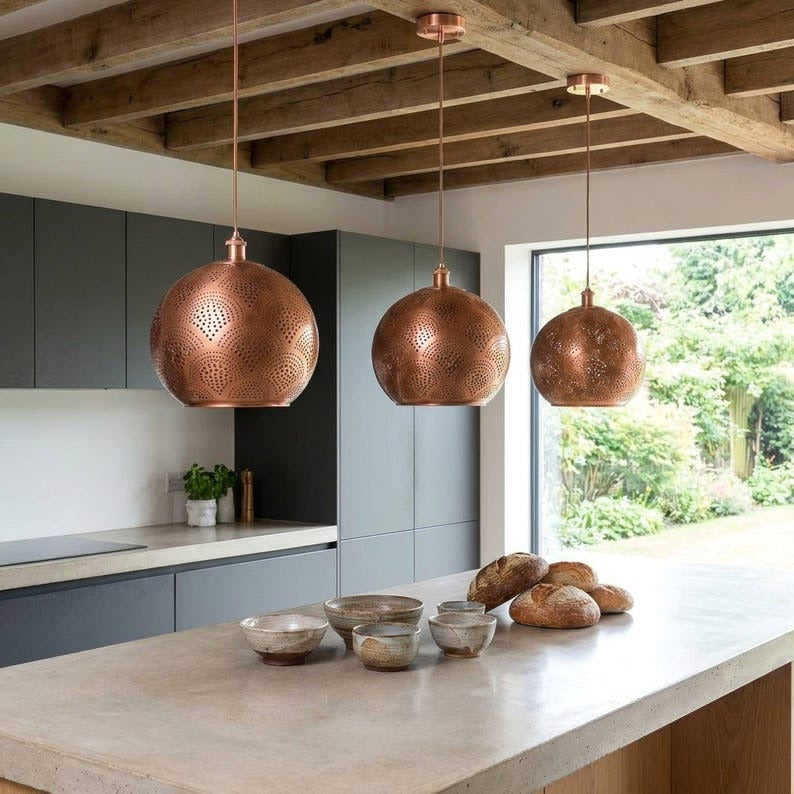 Handmade Moroccan Brass Globe Pendant Light – Perforated Copper Brass Hanging Lamp with Geometric Starburst Pattern, Boho Moorish Ceiling Light for Kitchen Island, Dining Room, Bedroom & Entryway