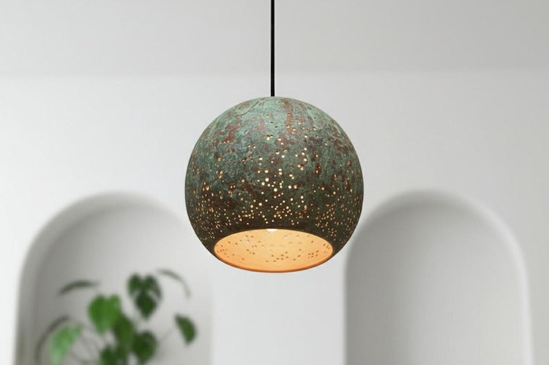 Handmade Moroccan Brass Globe Pendant Light – Green Verdigris Patina Hanging Lamp with Pierced Dot Pattern and Warm Gold Interior for Kitchen Island, Dining Room & Bedroom