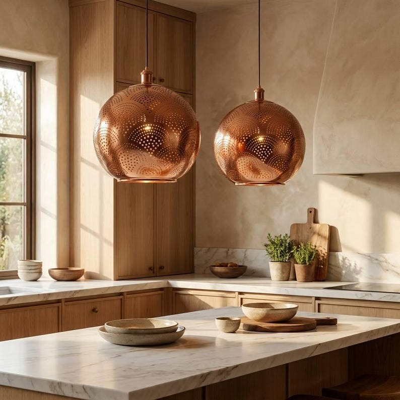 Handmade Moroccan Brass Globe Pendant Light – Perforated Copper Brass Hanging Lamp with Geometric Starburst Pattern, Boho Moorish Ceiling Light for Kitchen Island, Dining Room, Bedroom & Entryway