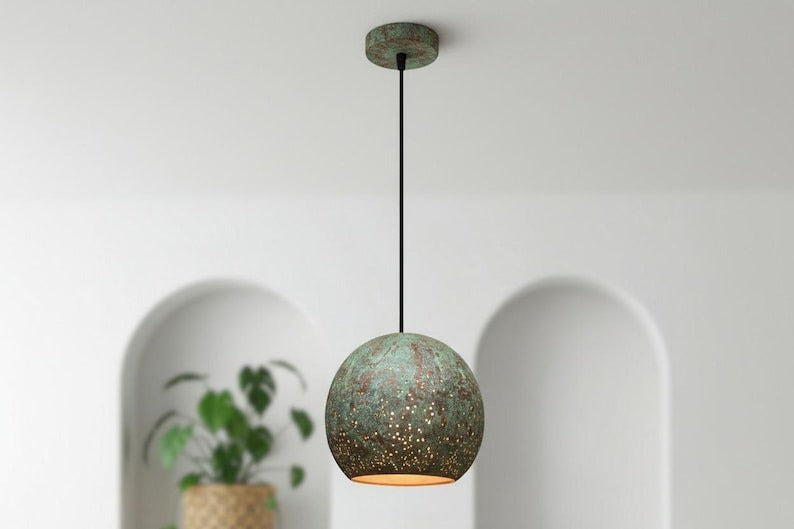 Handmade Moroccan Brass Globe Pendant Light – Green Verdigris Patina Hanging Lamp with Pierced Dot Pattern and Warm Gold Interior for Kitchen Island, Dining Room & Bedroom