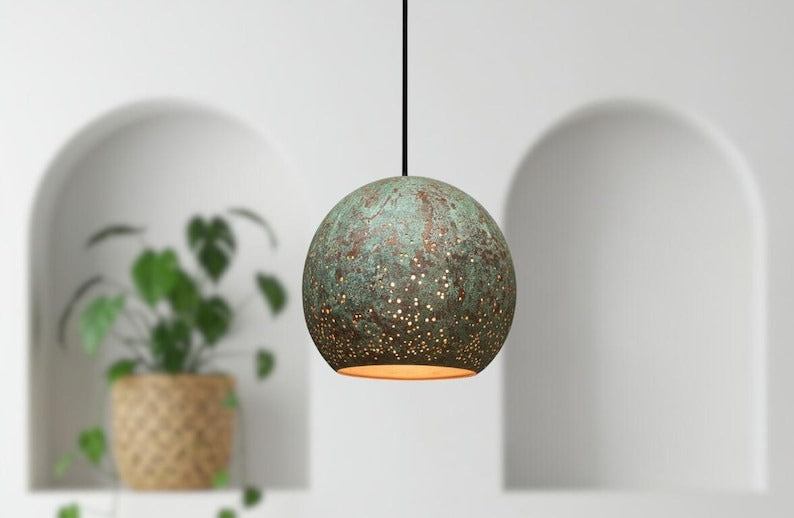 Handmade Moroccan Brass Globe Pendant Light – Green Verdigris Patina Hanging Lamp with Pierced Dot Pattern and Warm Gold Interior for Kitchen Island, Dining Room & Bedroom