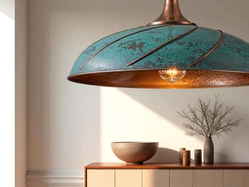 Moroccan Brass Turquoise Patina Spiral Dome Pendant Light, Handmade Copper Accent Brass Hanging Lamp, Boho Coastal Kitchen Island Chandelier, Rustic Antique Brass Ceiling Light Fixture