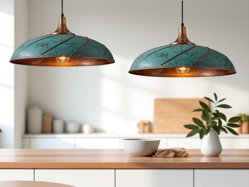 Moroccan Brass Turquoise Patina Spiral Dome Pendant Light, Handmade Copper Accent Brass Hanging Lamp, Boho Coastal Kitchen Island Chandelier, Rustic Antique Brass Ceiling Light Fixture