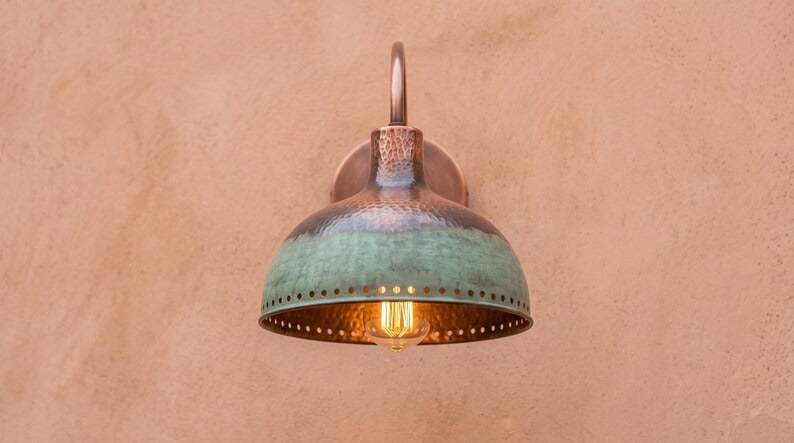 Handmade Brass Pendant Light – Verdigris Green Patina Dome Hanging Lamp with Hammered Copper Interior, Moroccan Rustic Kitchen Island Ceiling Fixture