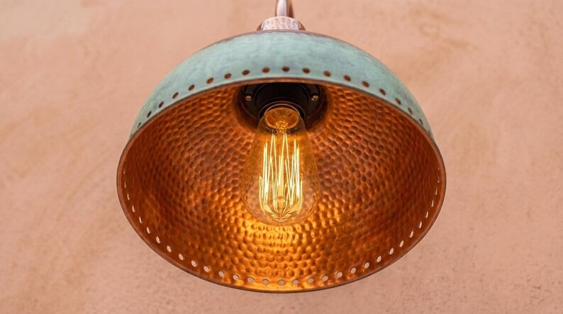 Handmade Brass Pendant Light – Verdigris Green Patina Dome Hanging Lamp with Hammered Copper Interior, Moroccan Rustic Kitchen Island Ceiling Fixture