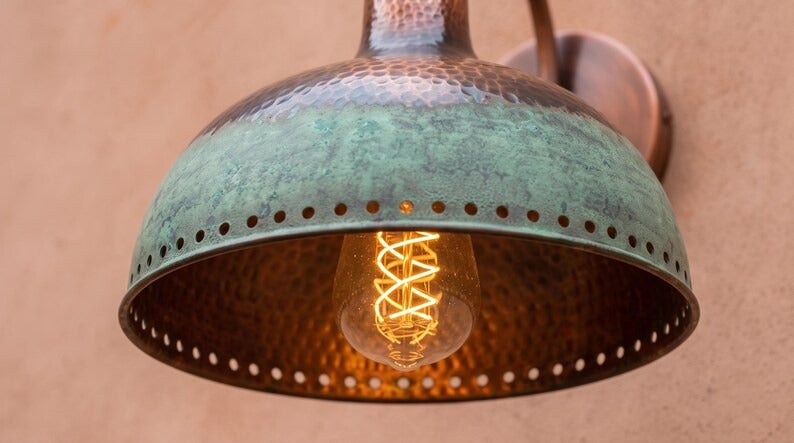 Handmade Brass Pendant Light – Verdigris Green Patina Dome Hanging Lamp with Hammered Copper Interior, Moroccan Rustic Kitchen Island Ceiling Fixture