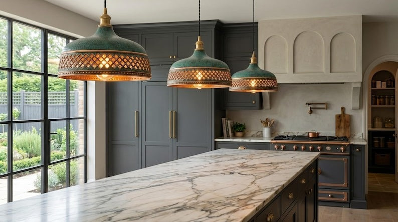 Handmade Moroccan Brass Pendant Light – Verdigris Green Dome Ceiling Lamp with Copper Diamond Lattice, Riveted Trim & Vintage Patina