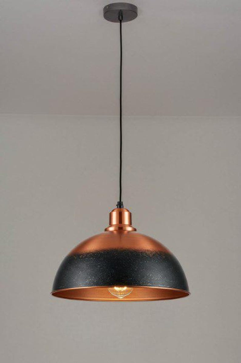 Handmade Two Tone Brass Pendant Light – Moroccan Black & Copper Dome Hanging Lamp with Warm Copper Interior for Kitchen Island, Dining Room & Boho Home Décor