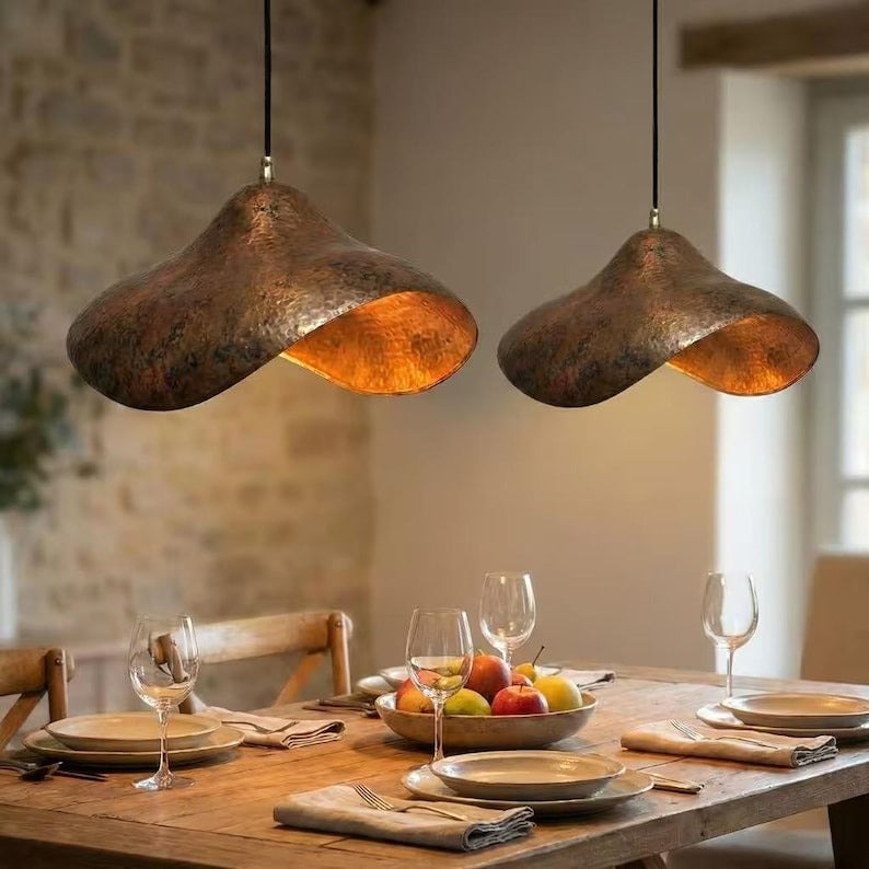 Handmade Moroccan Hammered Brass Pendant Light – Organic Wavy Ceiling Lamp, Antique Copper Finish, Modern Rustic Hanging Light Fixture