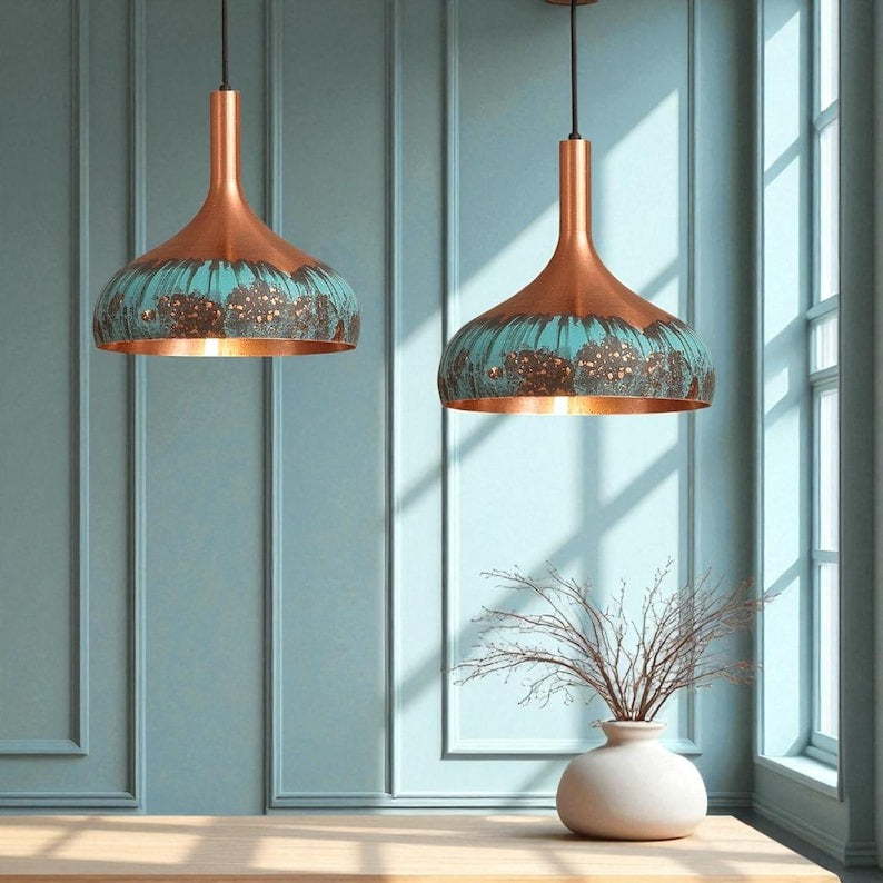 Verdigris Brass Pendant Light – Copper & Turquoise Hand-Finished Kitchen Island Chandelier