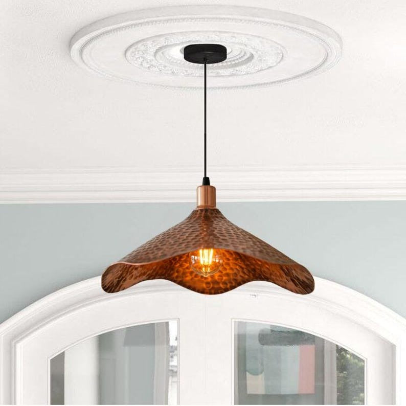 Handmade Hammered Brass Pendant Light – Moroccan Copper Wave Pendant Lamp with Organic Curved Edge for Kitchen Island, Dining Room & Boho Home Décor