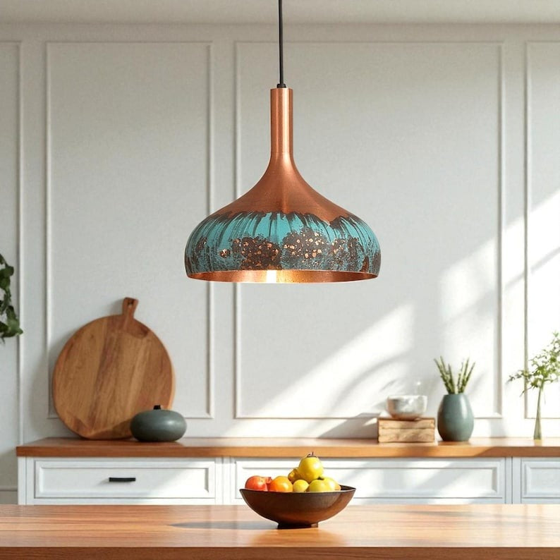 Verdigris Brass Pendant Light – Copper & Turquoise Hand-Finished Kitchen Island Chandelier