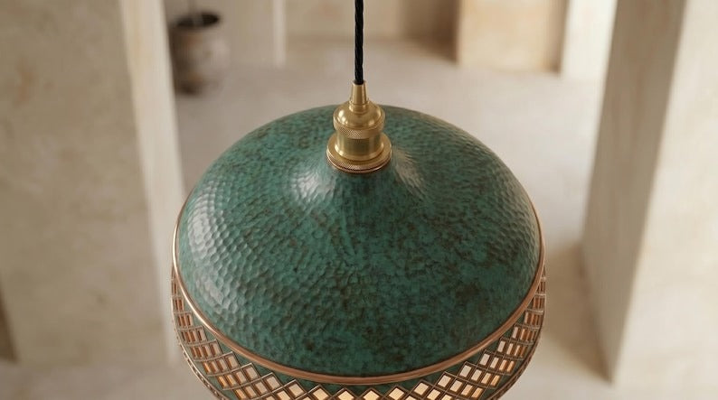 Handmade Moroccan Brass Pendant Light – Verdigris Green Dome Ceiling Lamp with Copper Diamond Lattice, Riveted Trim & Vintage Patina