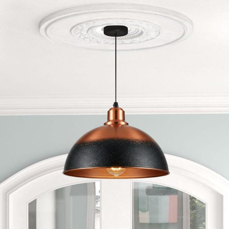 Handmade Two Tone Brass Pendant Light – Moroccan Black & Copper Dome Hanging Lamp with Warm Copper Interior for Kitchen Island, Dining Room & Boho Home Décor
