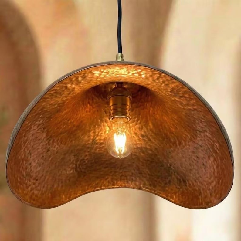 Handmade Moroccan Hammered Brass Pendant Light – Organic Wavy Ceiling Lamp, Antique Copper Finish, Modern Rustic Hanging Light Fixture