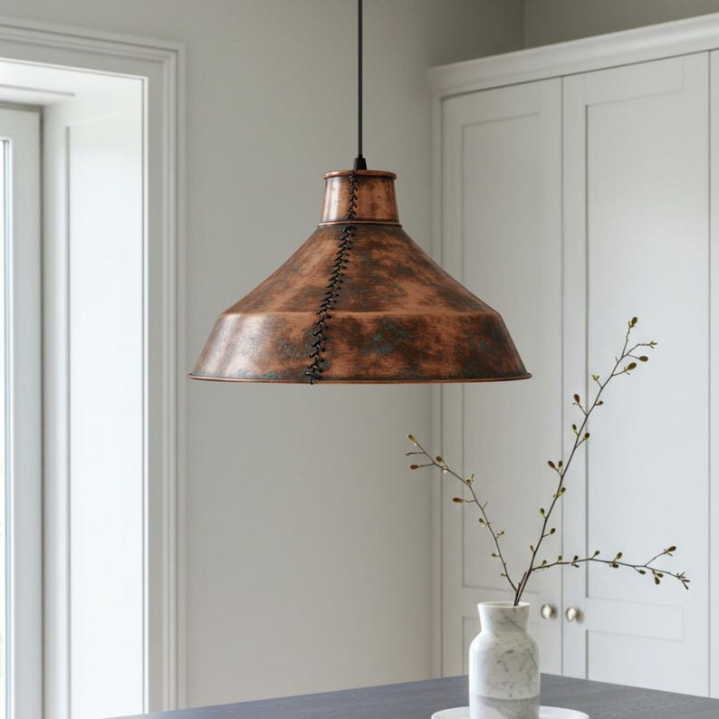 Handmade Moroccan Brass Pendant Light – Antique Copper Finish Industrial Dome Lamp with Hand-Stitched Seam, Rustic Kitchen Island Ceiling Fixture