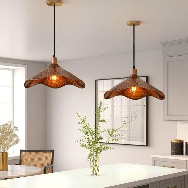 Handmade Hammered Brass Pendant Light – Moroccan Copper Wave Pendant Lamp with Organic Curved Edge for Kitchen Island, Dining Room & Boho Home Décor