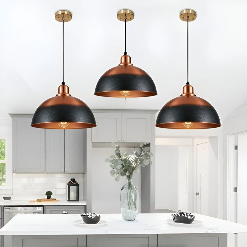 Handmade Two Tone Brass Pendant Light – Moroccan Black & Copper Dome Hanging Lamp with Warm Copper Interior for Kitchen Island, Dining Room & Boho Home Décor