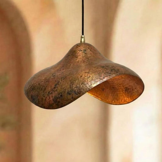 Handmade Moroccan Hammered Brass Pendant Light – Organic Wavy Ceiling Lamp, Antique Copper Finish, Modern Rustic Hanging Light Fixture