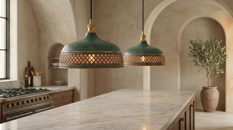 Handmade Moroccan Brass Pendant Light – Verdigris Green Dome Ceiling Lamp with Copper Diamond Lattice, Riveted Trim & Vintage Patina