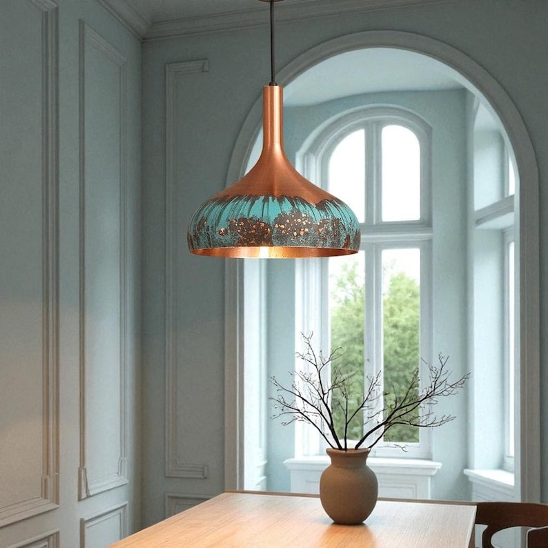 Verdigris Brass Pendant Light – Copper & Turquoise Hand-Finished Kitchen Island Chandelier