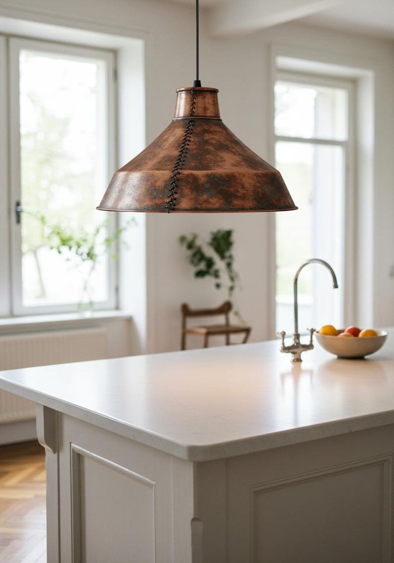 Handmade Moroccan Brass Pendant Light – Antique Copper Finish Industrial Dome Lamp with Hand-Stitched Seam, Rustic Kitchen Island Ceiling Fixture