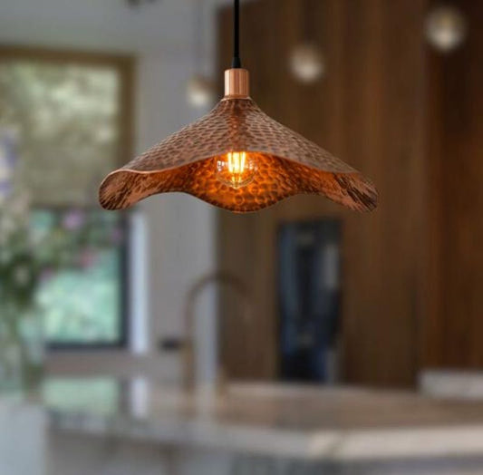 Handmade Hammered Brass Pendant Light – Moroccan Copper Wave Pendant Lamp with Organic Curved Edge for Kitchen Island, Dining Room & Boho Home Décor