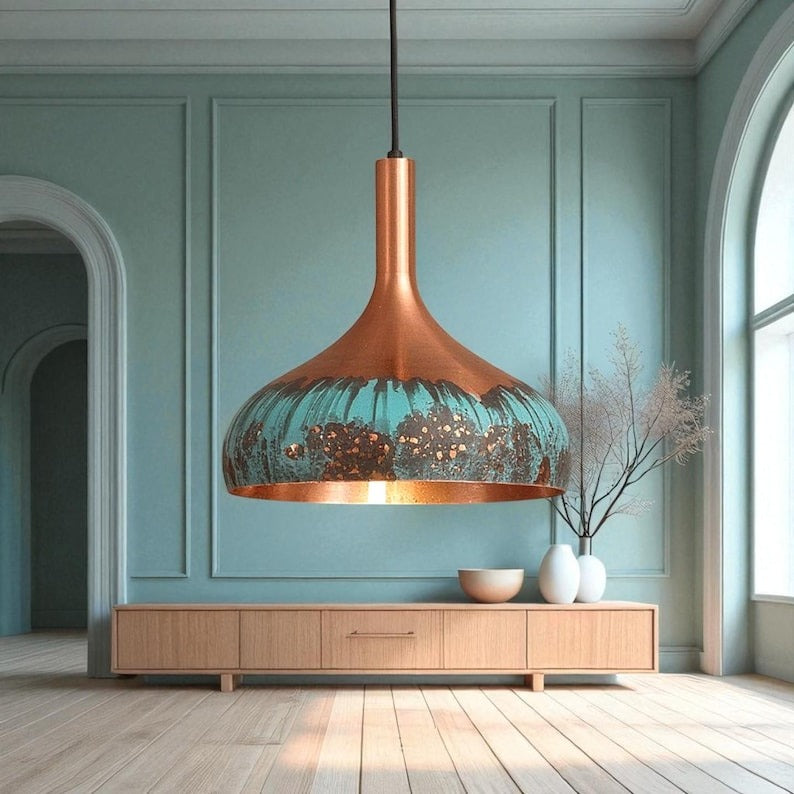 Verdigris Brass Pendant Light – Copper & Turquoise Hand-Finished Kitchen Island Chandelier