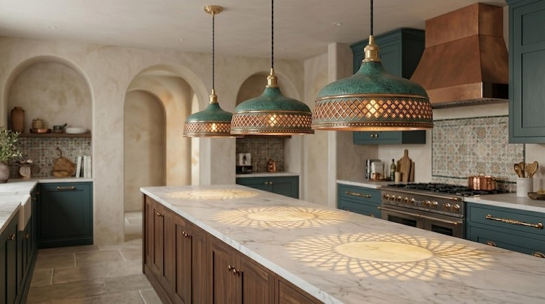 Handmade Moroccan Brass Pendant Light – Verdigris Green Dome Ceiling Lamp with Copper Diamond Lattice, Riveted Trim & Vintage Patina