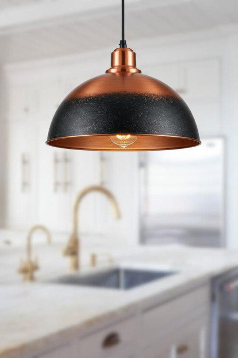 Handmade Two Tone Brass Pendant Light – Moroccan Black & Copper Dome Hanging Lamp with Warm Copper Interior for Kitchen Island, Dining Room & Boho Home Décor
