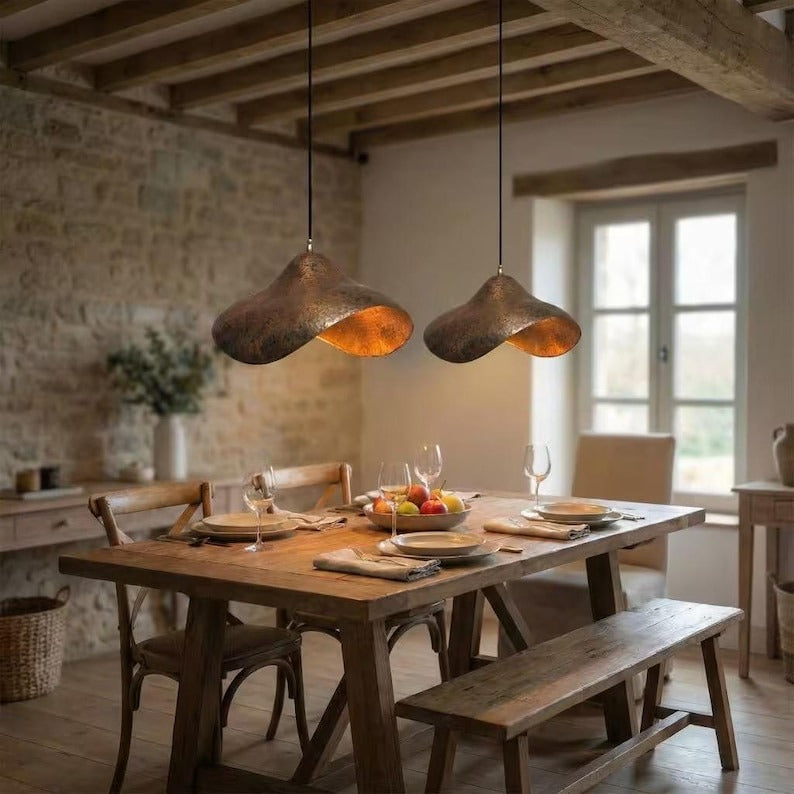 Handmade Moroccan Hammered Brass Pendant Light – Organic Wavy Ceiling Lamp, Antique Copper Finish, Modern Rustic Hanging Light Fixture