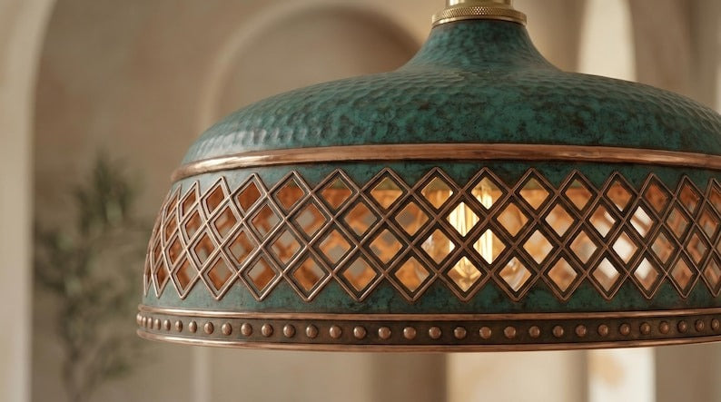 Handmade Moroccan Brass Pendant Light – Verdigris Green Dome Ceiling Lamp with Copper Diamond Lattice, Riveted Trim & Vintage Patina