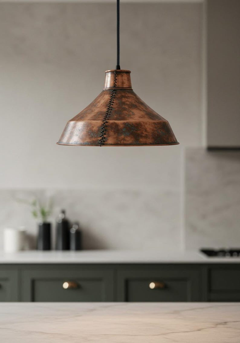 Handmade Moroccan Brass Pendant Light – Antique Copper Finish Industrial Dome Lamp with Hand-Stitched Seam, Rustic Kitchen Island Ceiling Fixture
