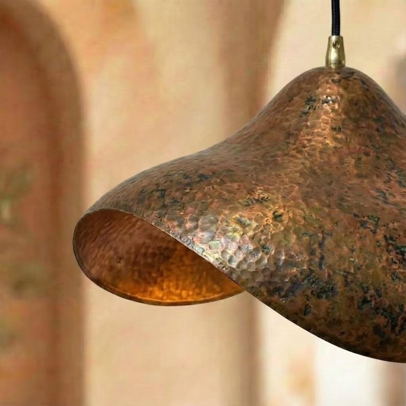 Handmade Moroccan Hammered Brass Pendant Light – Organic Wavy Ceiling Lamp, Antique Copper Finish, Modern Rustic Hanging Light Fixture