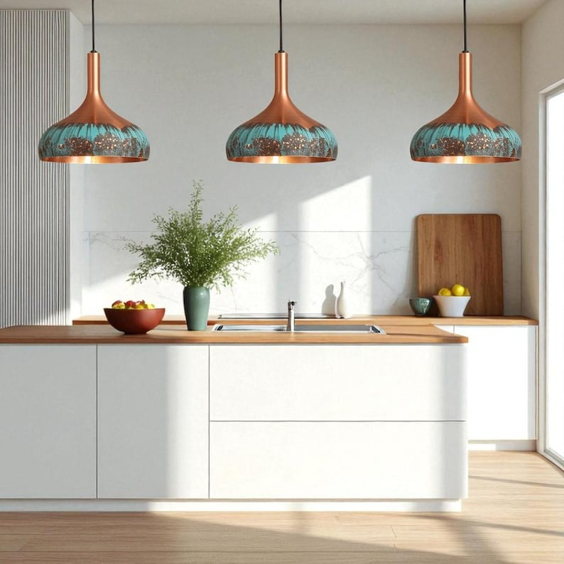 Verdigris Brass Pendant Light – Copper & Turquoise Hand-Finished Kitchen Island Chandelier