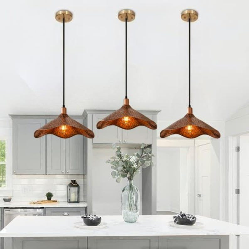 Handmade Hammered Brass Pendant Light – Moroccan Copper Wave Pendant Lamp with Organic Curved Edge for Kitchen Island, Dining Room & Boho Home Décor