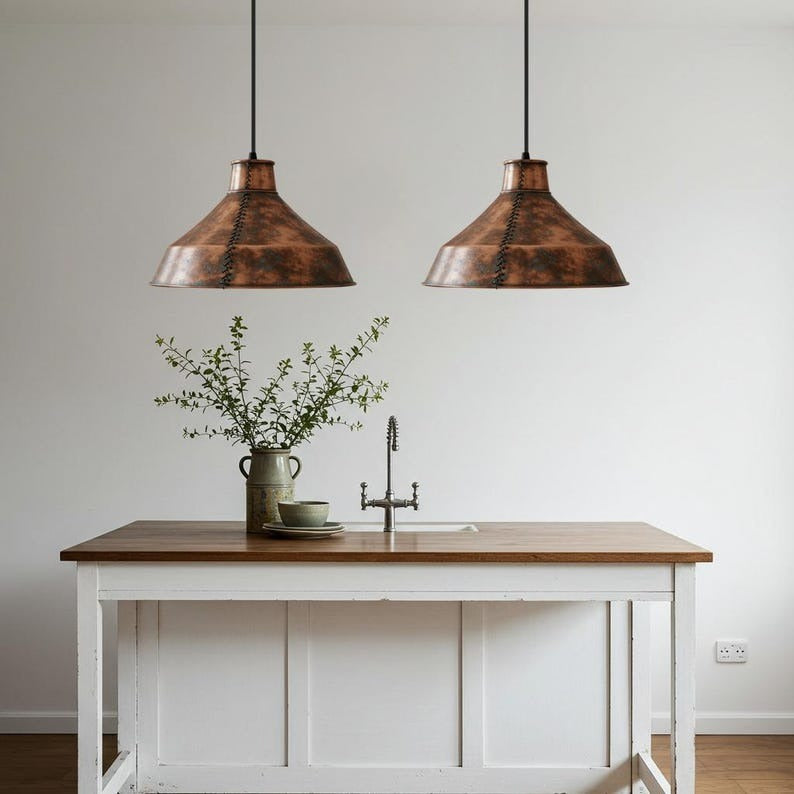 Handmade Moroccan Brass Pendant Light – Antique Copper Finish Industrial Dome Lamp with Hand-Stitched Seam, Rustic Kitchen Island Ceiling Fixture