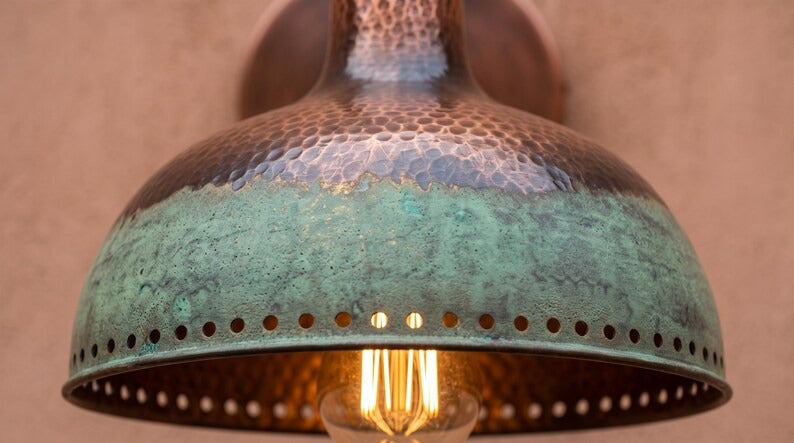 Handmade Brass Pendant Light – Verdigris Green Patina Dome Hanging Lamp with Hammered Copper Interior, Moroccan Rustic Kitchen Island Ceiling Fixture