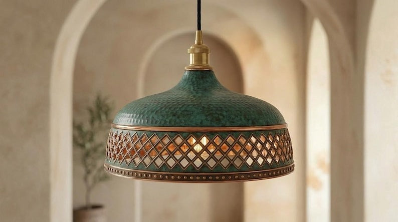 Handmade Moroccan Brass Pendant Light – Verdigris Green Dome Ceiling Lamp with Copper Diamond Lattice, Riveted Trim & Vintage Patina