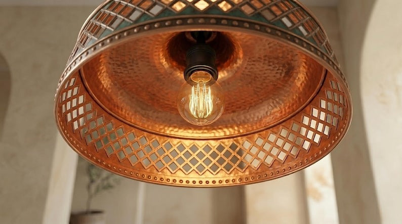 Handmade Moroccan Brass Pendant Light – Verdigris Green Dome Ceiling Lamp with Copper Diamond Lattice, Riveted Trim & Vintage Patina