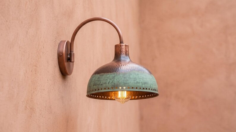 Handmade Brass Pendant Light – Verdigris Green Patina Dome Hanging Lamp with Hammered Copper Interior, Moroccan Rustic Kitchen Island Ceiling Fixture
