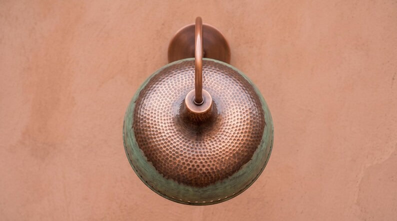 Handmade Brass Pendant Light – Verdigris Green Patina Dome Hanging Lamp with Hammered Copper Interior, Moroccan Rustic Kitchen Island Ceiling Fixture