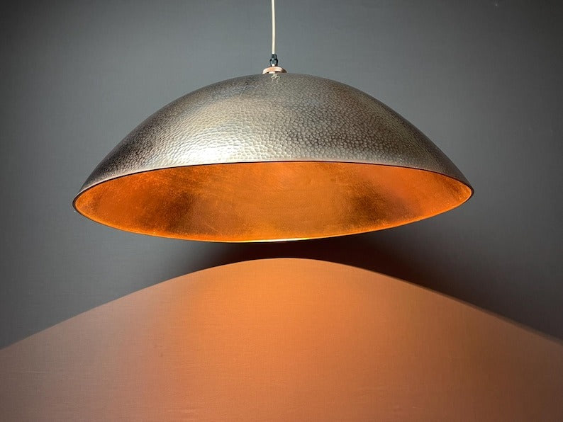 Handmade Moroccan Brass Pendant Light – Oversized Hammered Dome Ceiling Lamp with Antique Brass Finish, Warm Copper Interior & Luxury Statement Design