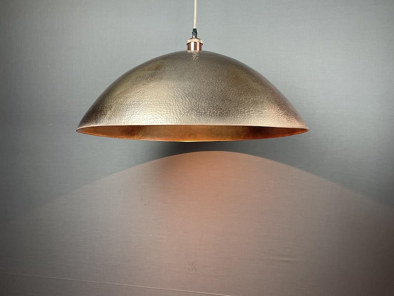 Handmade Moroccan Brass Pendant Light – Oversized Hammered Dome Ceiling Lamp with Antique Brass Finish, Warm Copper Interior & Luxury Statement Design