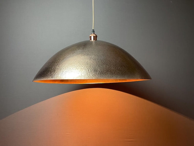 Handmade Moroccan Brass Pendant Light – Oversized Hammered Dome Ceiling Lamp with Antique Brass Finish, Warm Copper Interior & Luxury Statement Design