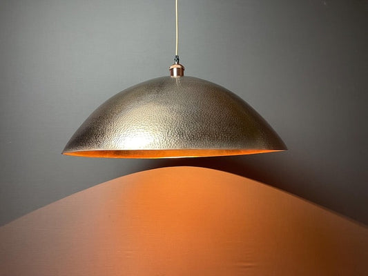 Handmade Moroccan Brass Pendant Light – Oversized Hammered Dome Ceiling Lamp with Antique Brass Finish, Warm Copper Interior & Luxury Statement Design