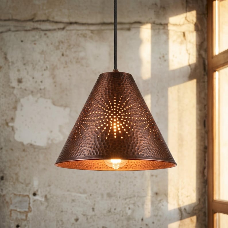 Set of 3 Handmade Moroccan Brass Pendant Lights – Hammered Dark Copper Cone Ceiling Lamps with Pierced Starburst Design, Kitchen Island Lighting
